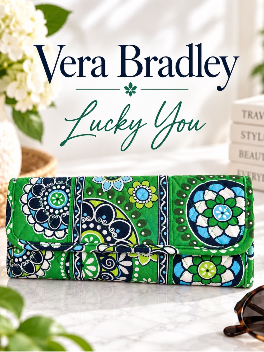 Vera Bradley Lucky You Retired Floral Travel Wallet Organizer Clutch Green